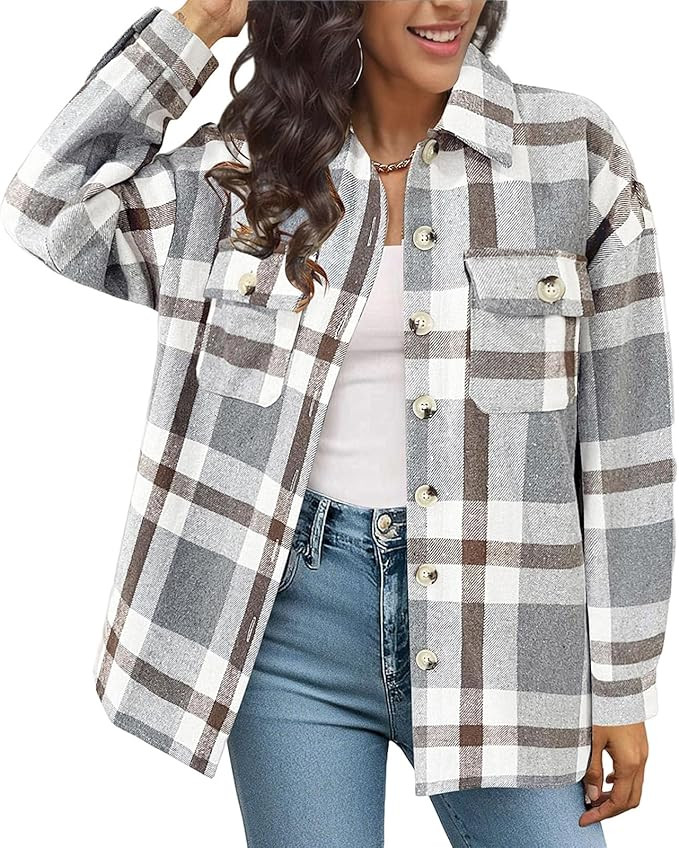 Womens Plaid Shirt Jacket Long Sleeve Shacket Coat Boyfriend Button Down Shirt Loose Fall Blouses... | Amazon (US)