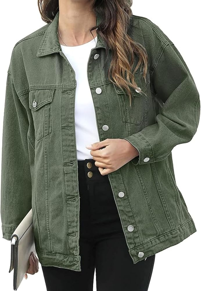 PUWEI Women's Oversized Denim Jacket Distressed Lapel Button Up Long Sleeve Jean Jacket with Pock... | Amazon (US)