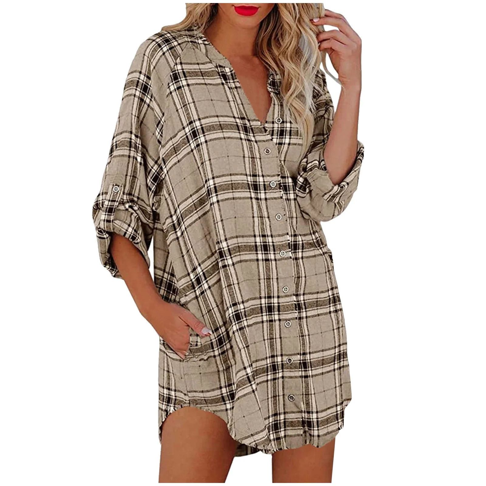 Ruziyoog Women's Classic Plaid Cotton Hoodie Button-up Flannel Shirts, Casual Loose V Neck Plaid ... | Walmart (US)
