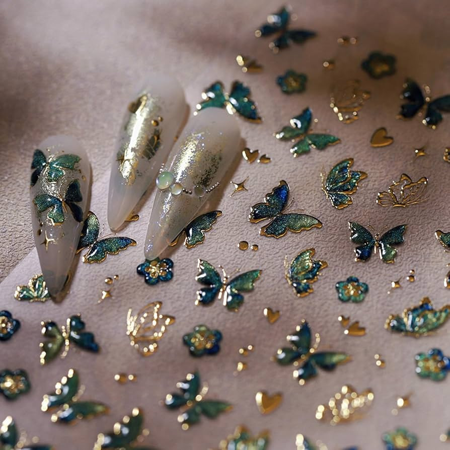 Butterfly Nail Art Stickers 5D Embossed Green Butterfly Nail Stickers Self-Adhesive Gold Butterfl... | Amazon (US)