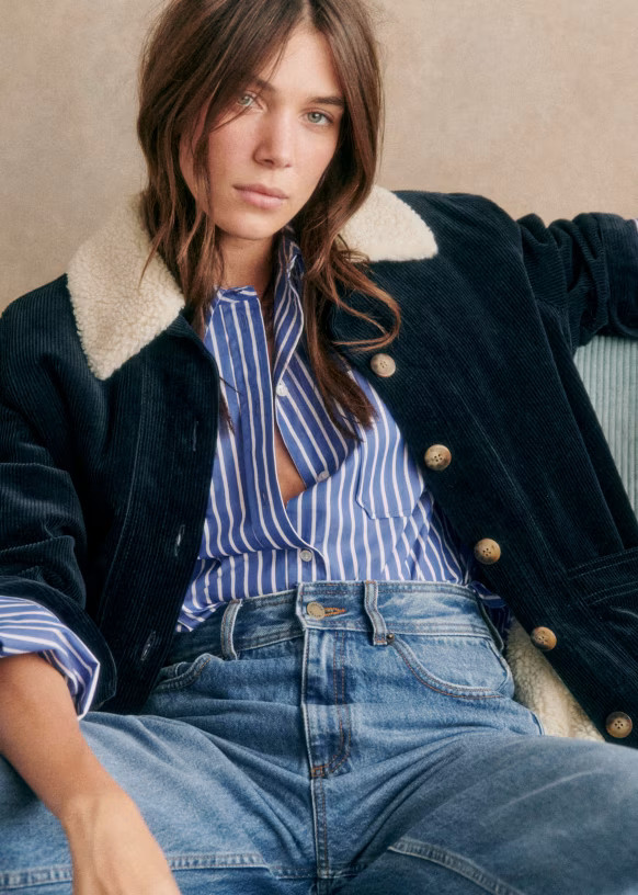Will Jacket - Navy Faux Sheepskin Collar - Organic Cotton - Sézane | Sezane Paris