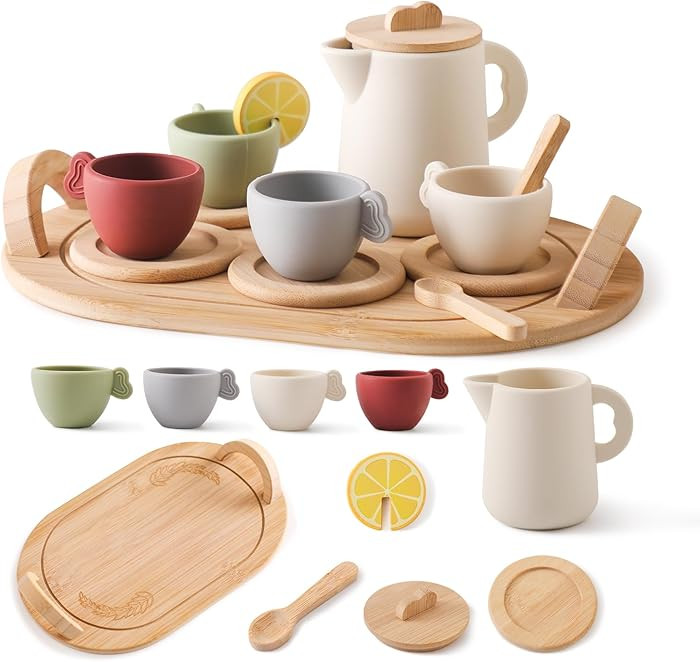 Youuys Wooden Tea Party Set for Toddler 3-5,Kids Tea Sets for Little Girls 4-6, 14pcs Silicone Ki... | Amazon (US)