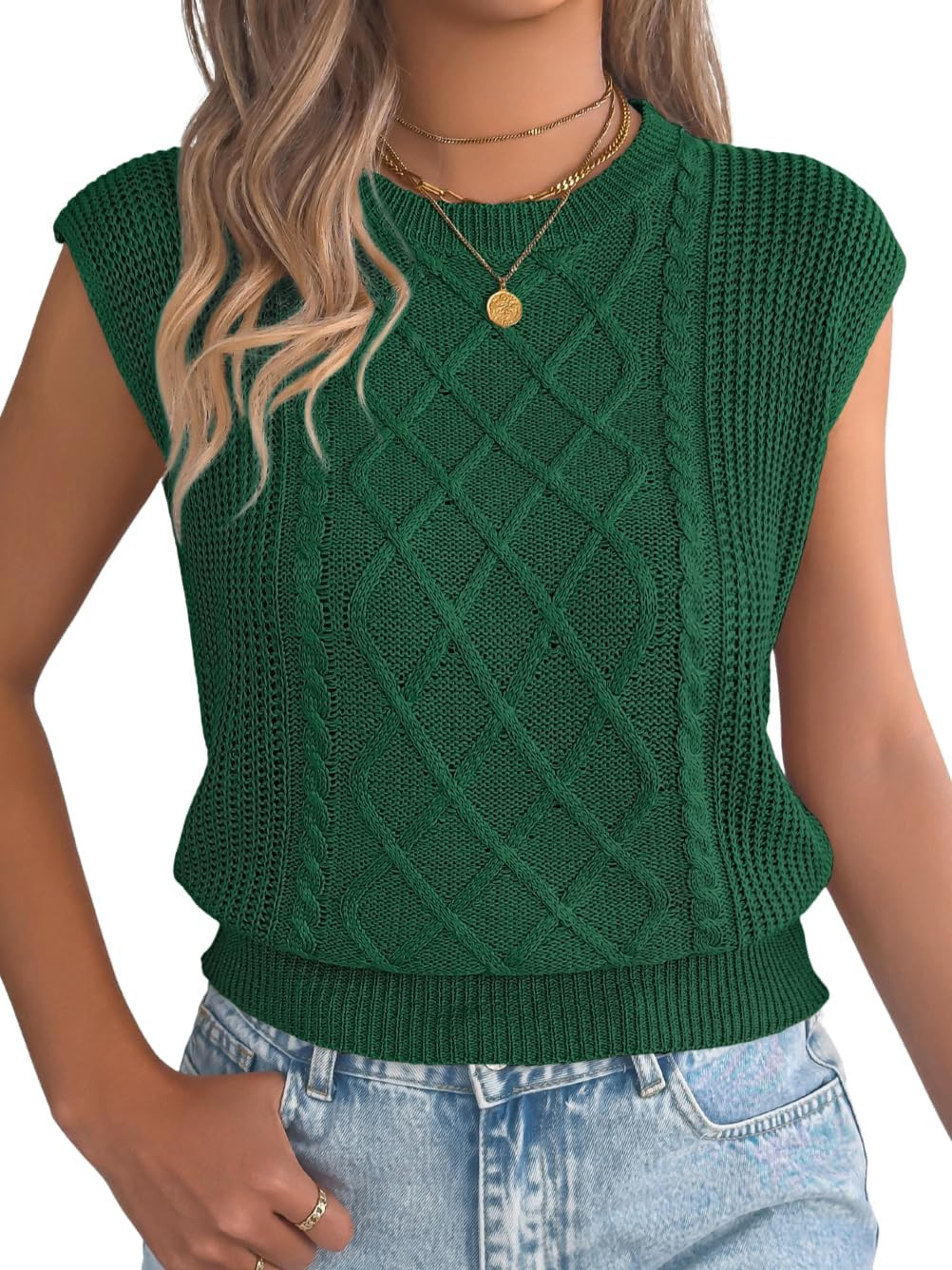 ChiaoLezhee Women's Summer Cap Sleeve Tops, Cable Knit Crewneck, Dressy Trendy Loose Fit Lightweight Sweater Vest | Amazon (US)
