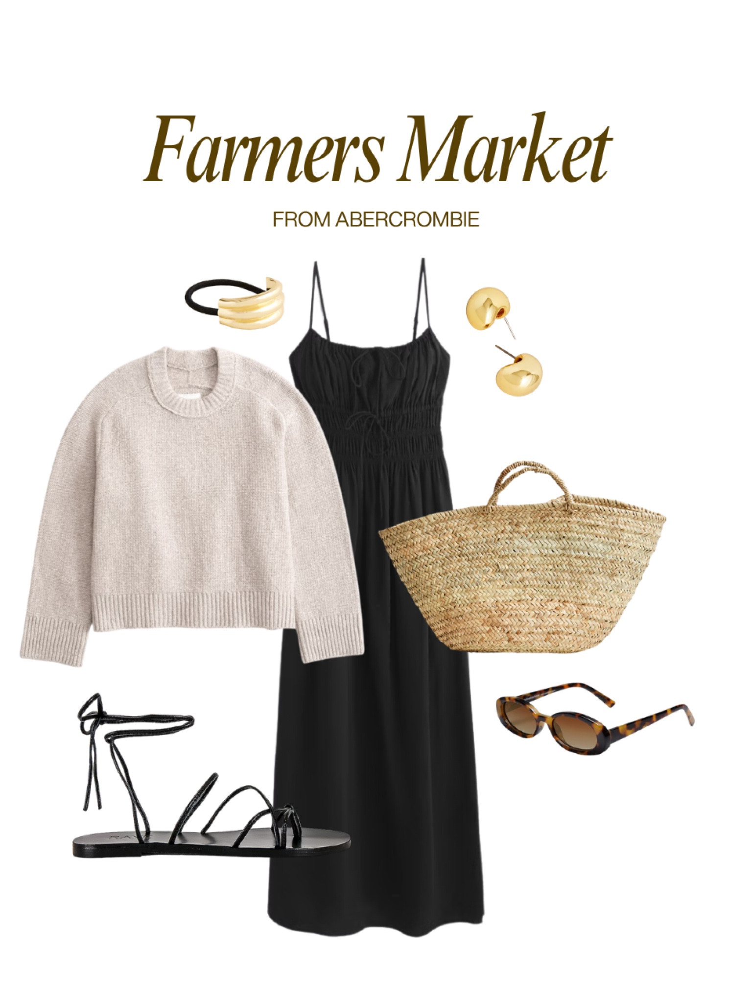 farmers market outfit idea from Abercrombie 🌷 black maxi dress, sweater, flat sandals, straw tote, sunglasses, hair accessory 

#LTKSpringSale #LTKFindsUnder100 #LTKFindsUnder50