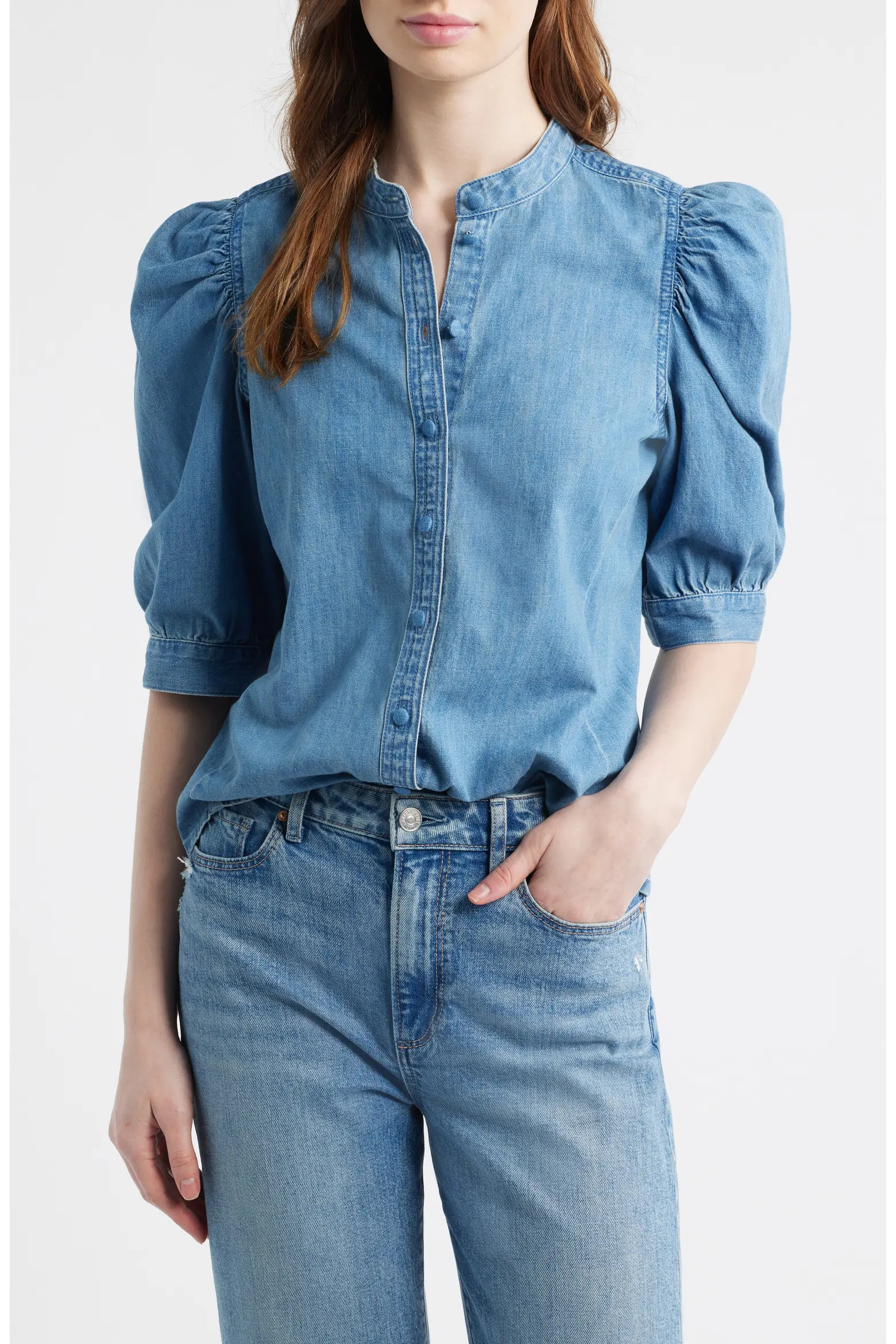 Band Collar Puff Sleeve Denim Button-Up Shirt (Women) | Nordstrom | Nordstrom