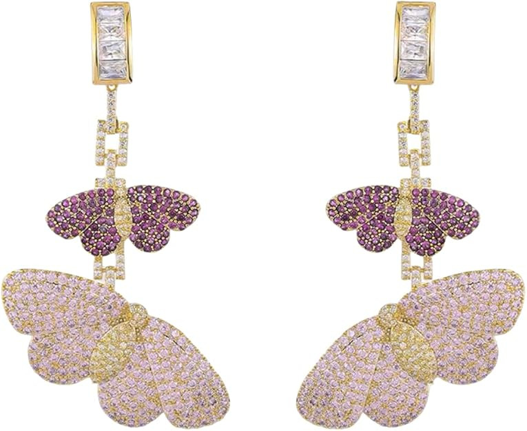 Pink CZ Butterfly Dangle Earrings for Women Girls Gold Plated 925 Sterling Silver Post Shiny Rect... | Amazon (US)