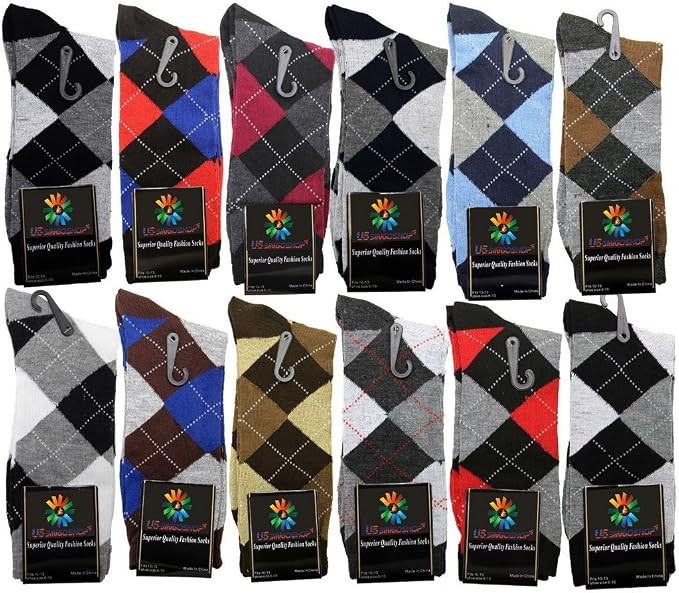 Mens Cotton Argyle Striped Solid Ribbed Black Crew Dress Socks | Amazon (US)