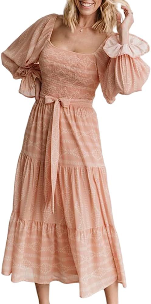 Amegoya Women's Boho Flowy Long Sleeve Square Neck Maxi Dress Floral Ruffle Smocked Tiered Long Dres | Amazon (US)