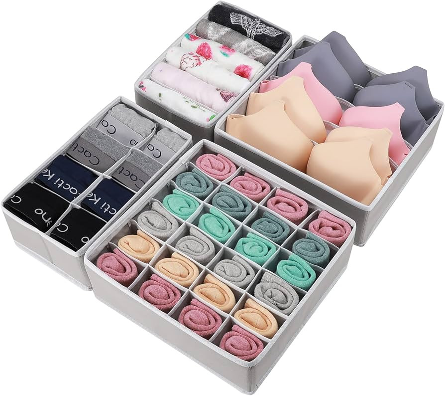 GOGOODA 4 Pcs Underwear Drawer Organizers Divider, Socks Bra Organizer and Storage Boxes for Ling... | Amazon (US)