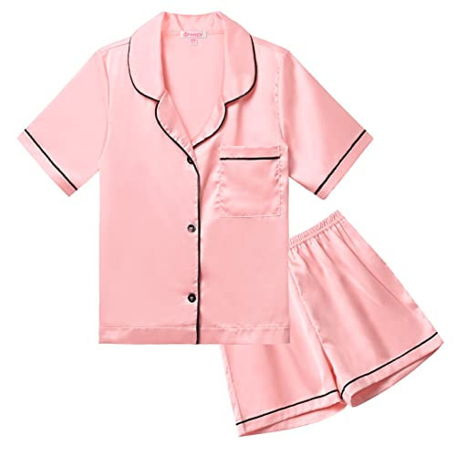 QPANCY Kids Satin Pajamas Sets Toddler Girls Boys Button-Down Rose Pjs Short Sleeve Silk Nightwear 2 Piece Lounge Sets 4T 5T | Amazon (US)