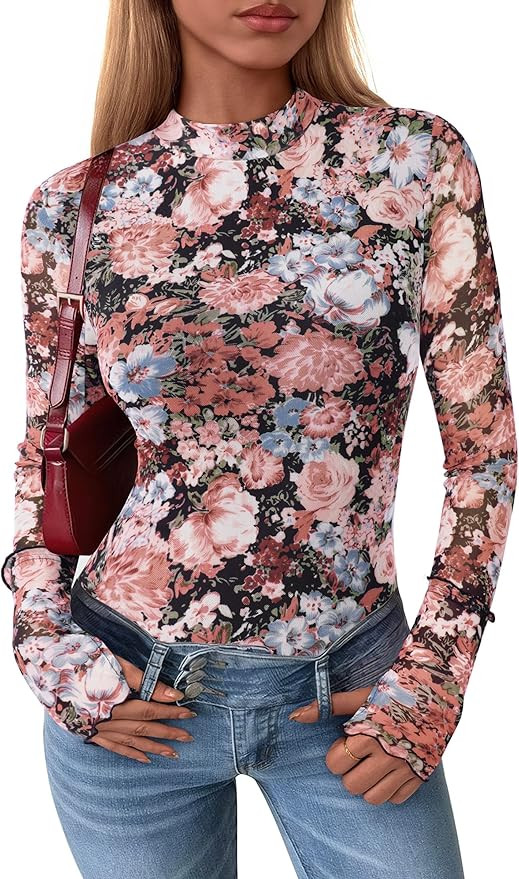 PRETTYGARDEN Women's Long Sleeve Going Out Tops 2026 Spring Y2K Clothes Mesh Floral Fitted Shirts... | Amazon (US)
