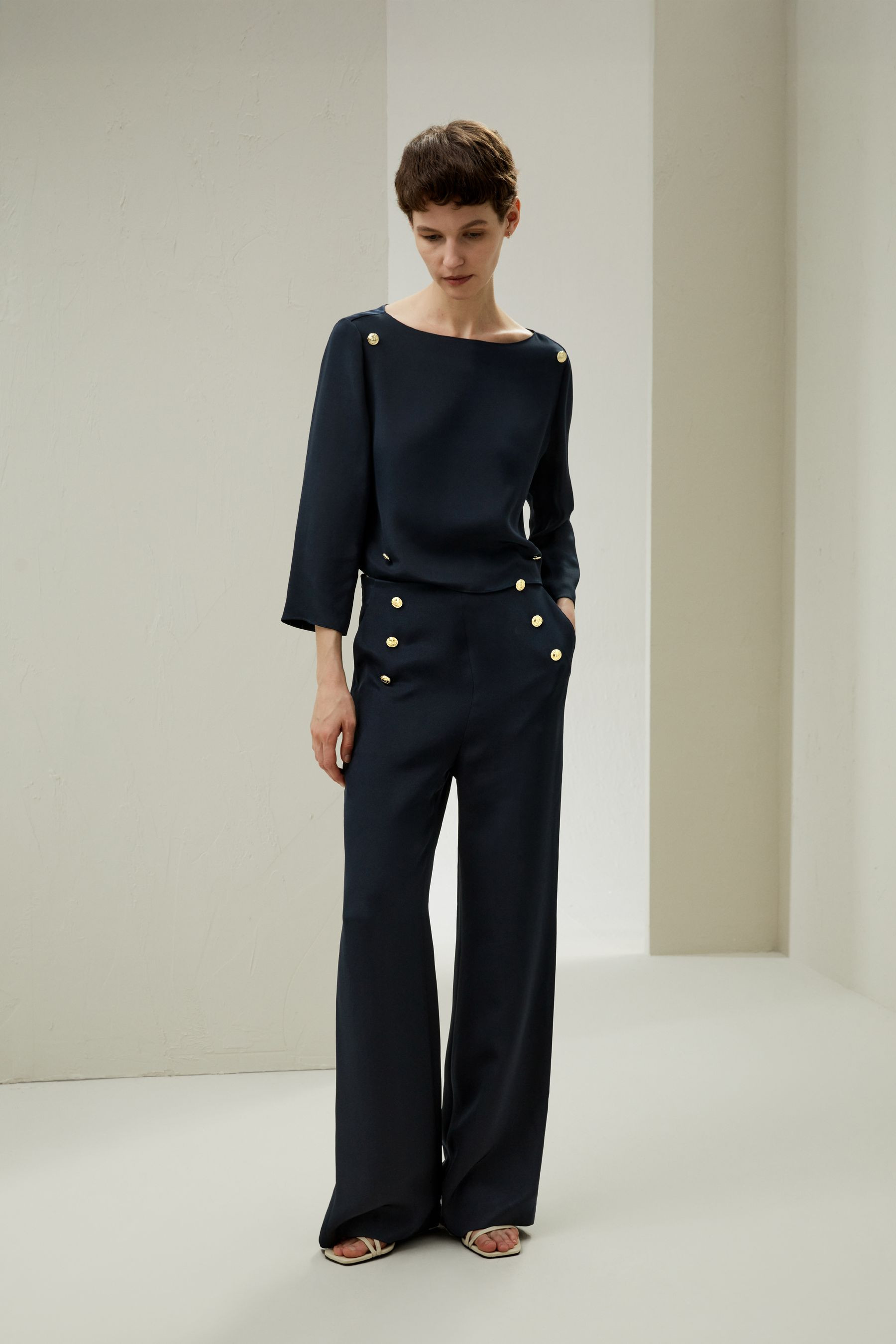 Dubrovnik Button Front Wide Leg Silk Trousers | LilySilk