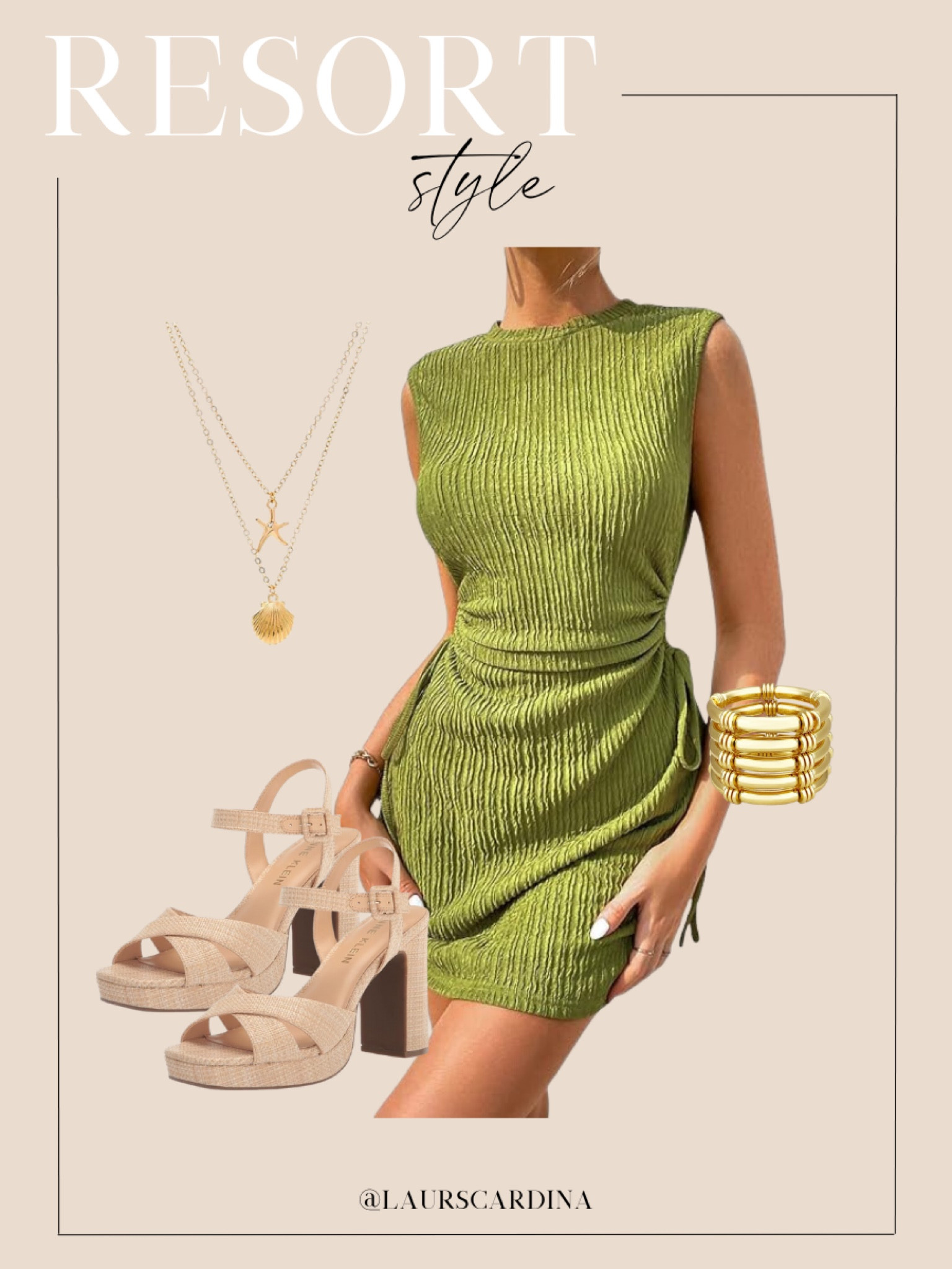 This resort style look includes a green mini dress paired with a layered gold necklace, gold bangle bracelets, and heeled sandals.

Resort wear, date night, summer outfit, ootd, amazon fashion

#LTKStyleTip #LTKFindsUnder50 #LTKShoeCrush