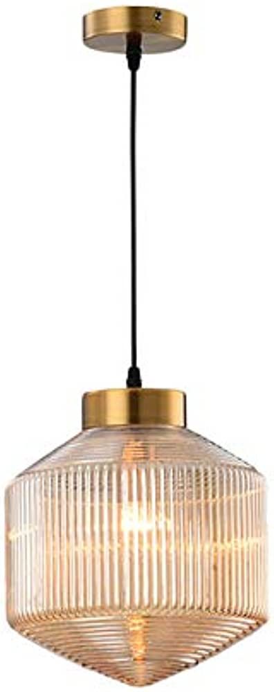 CraftThink Pendant Lighting Chandelier Fixture Nordic Drum Amber Ribbed Glass in Brass 1 Light Ce... | Amazon (US)