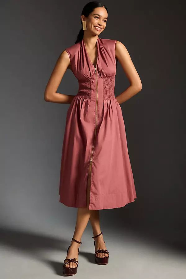 The Tommie Cap-Sleeve Smocked Front-Zip Shirt Dress | Anthropologie (US)