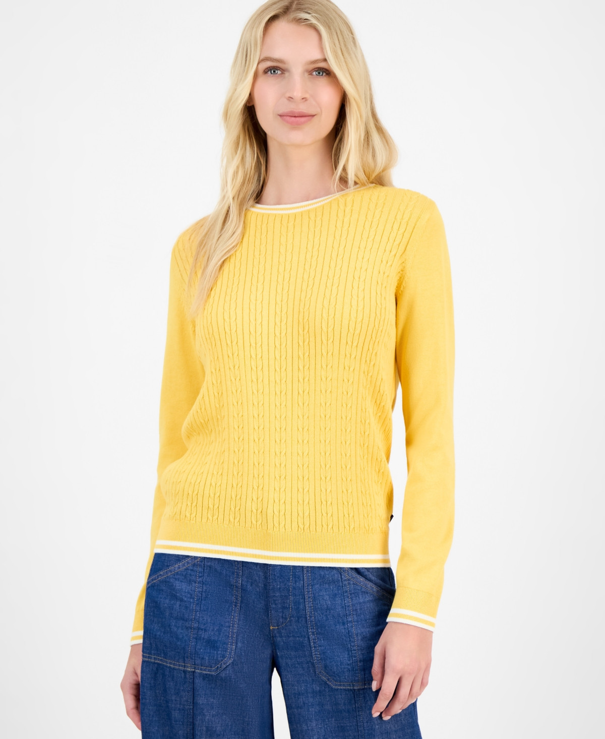 Nautica Jeans Women's Cotton Cable Knit Crewneck Sweater - Deep Maize/ Ivory | Macy's