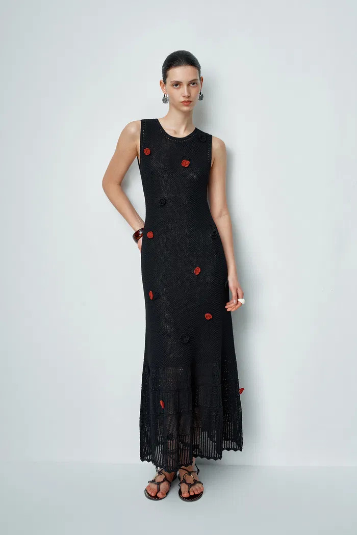 Ellie Black Sleeveless Floral Crochet Dress in Cotton Linen Knit | Fabrique