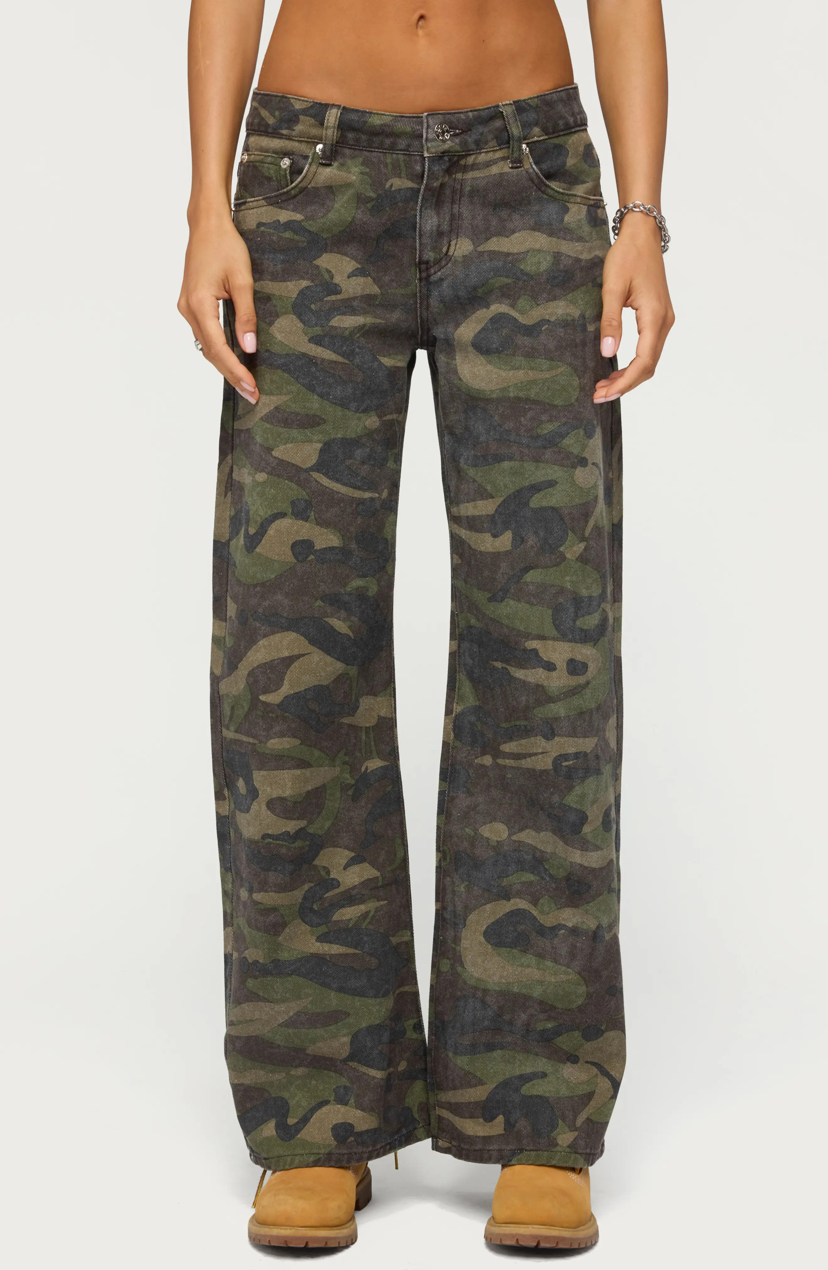 EDIKTED Soya Camo Print Low Rise Baggy Jeans in Olive-Washed at Nordstrom, Size Medium | Nordstrom