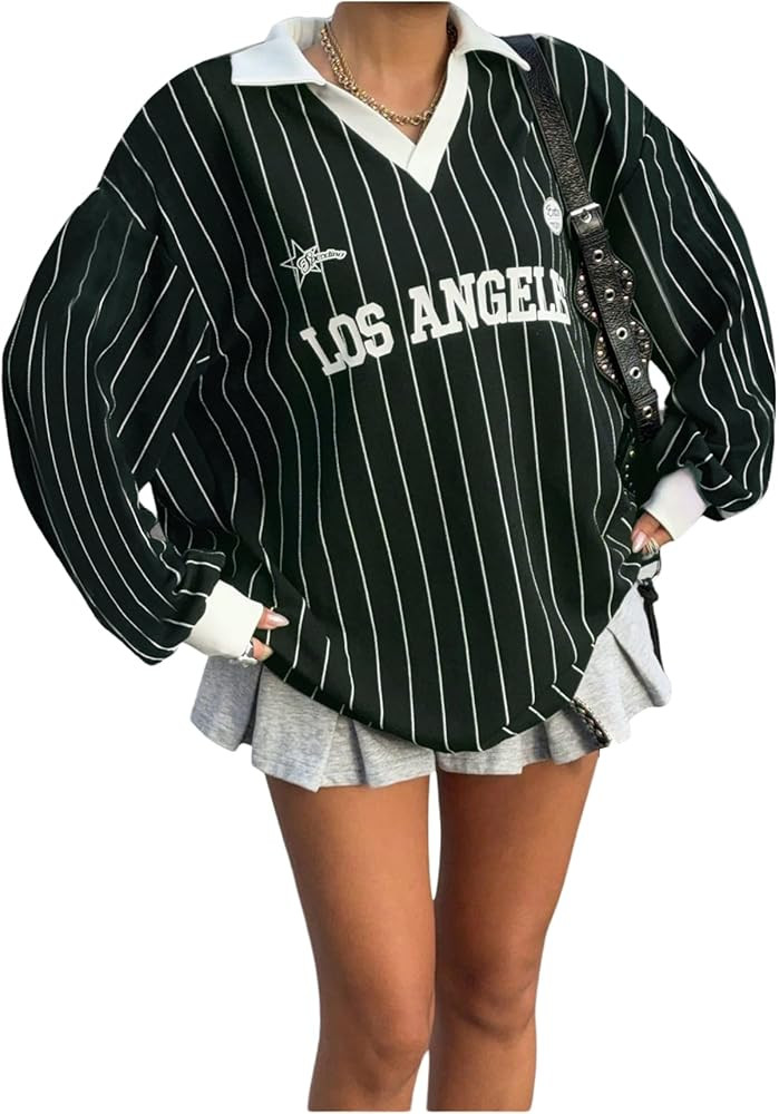 SOLY HUX Women's Oversized Tees Striped Letter Print Y2k Jersey T Shirt Collar V Neck Long Sleeve... | Amazon (US)