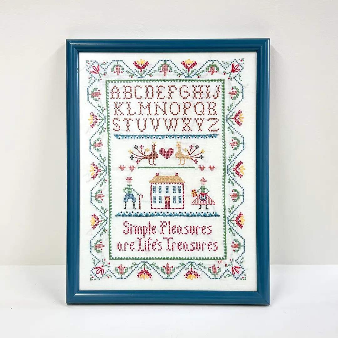 Vintage embroidery sampler in blue metal frame: "Simple Pleasures are Life's Treasures" | Etsy (US)
