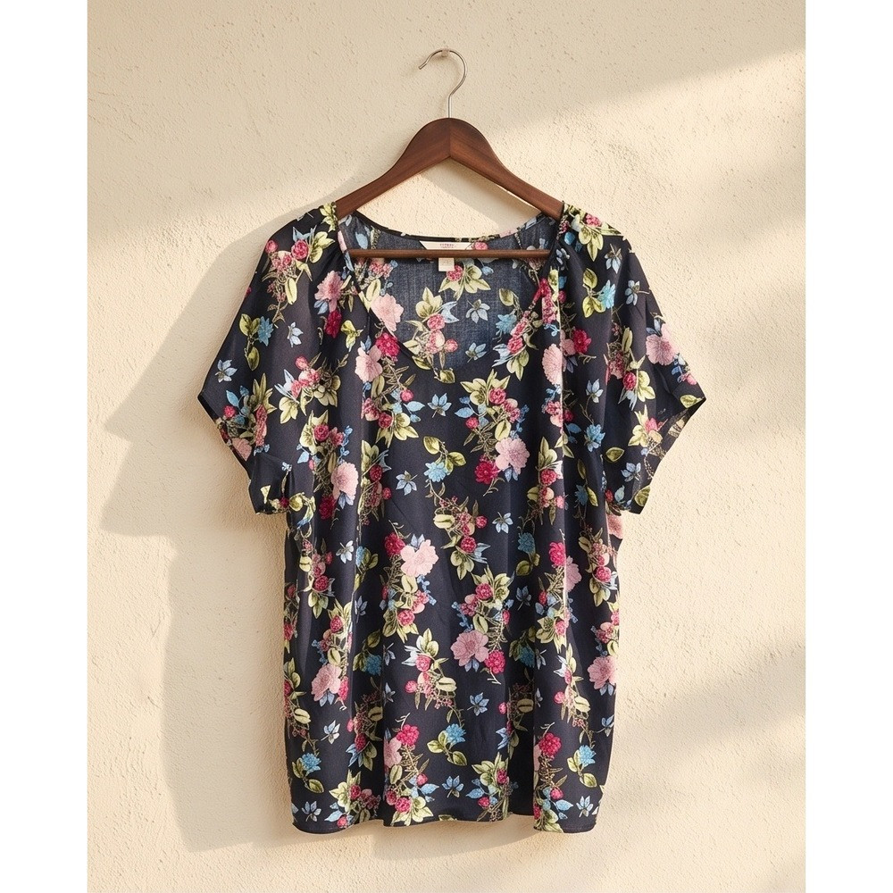 CJ Banks 3X Floral Short Sleeve Blouse Navy Blue\u200e Pink Flirty Romantic Boho NWT | Poshmark