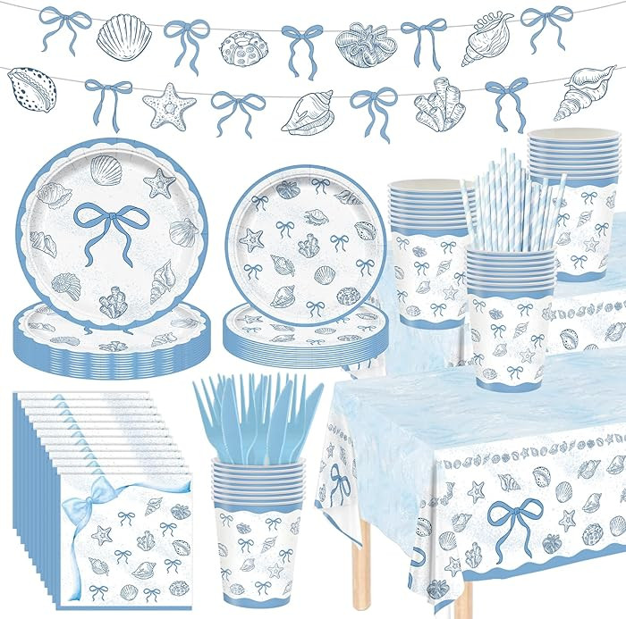 172Pcs Seashell Party Supplies Include Seashell banner-Seashell Party Plates-Napkins-Cups-Straw-C... | Amazon (US)