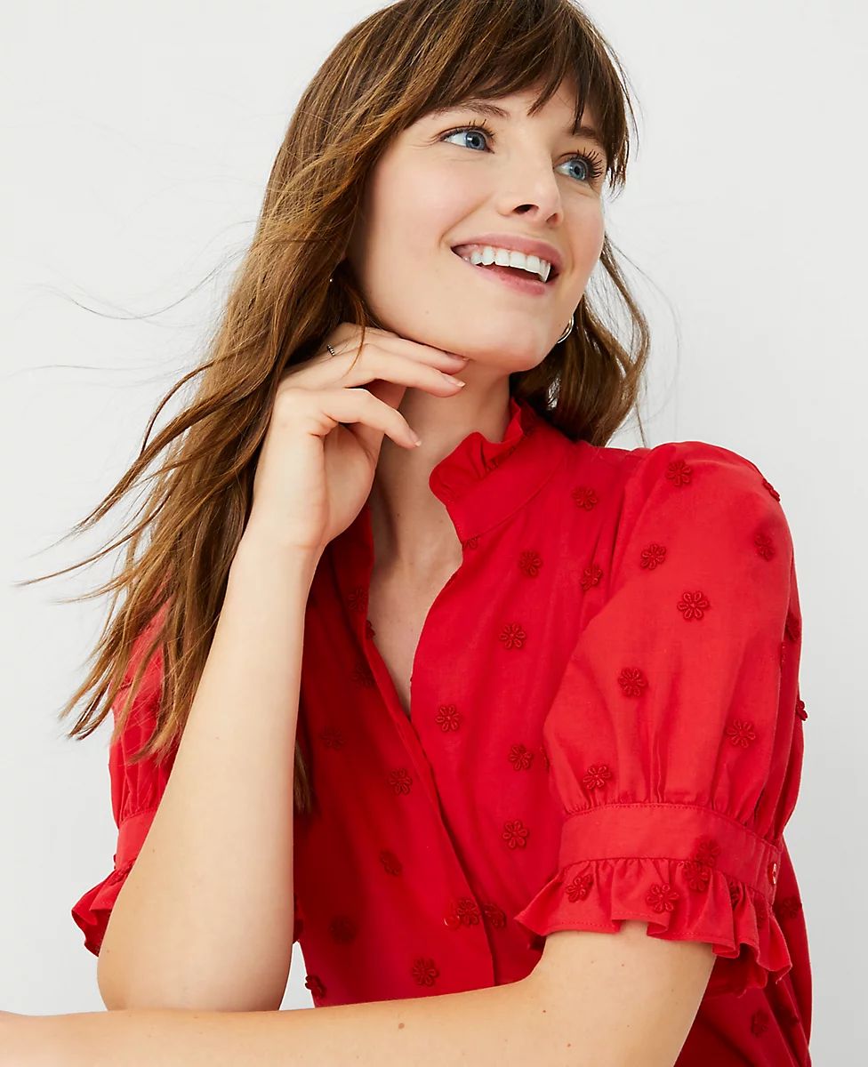 Floral Embroidered Ruffle Button Top | Ann Taylor (US)