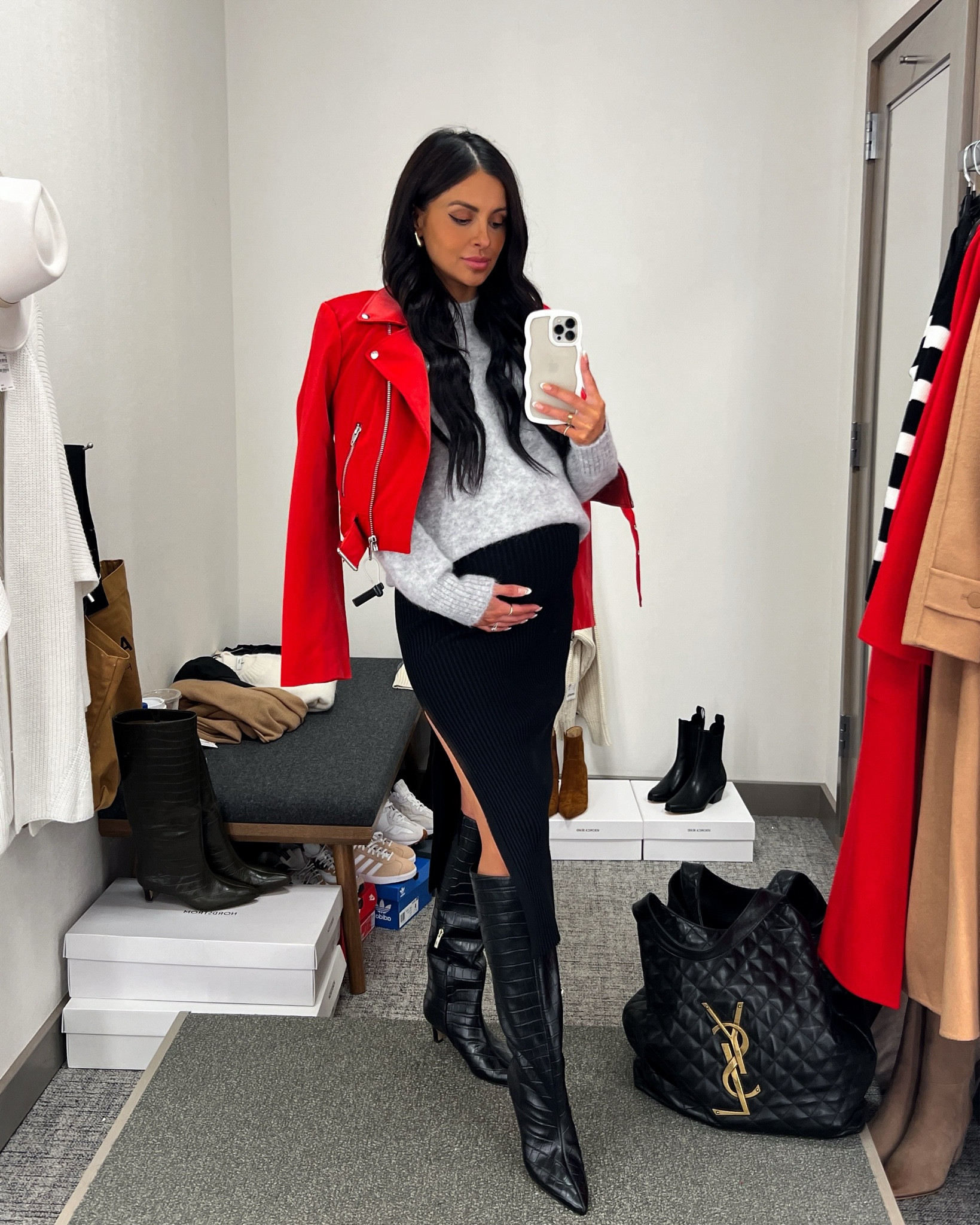 Nordstrom anniversary sale outfit / NSALE style picks
Cinq a sept red leather jacket 
Gray mock neck sweater 
Topshop knit skirt
Nordstrom croc boots 

#LTKxNSale #LTKSeasonal #LTKShoeCrush