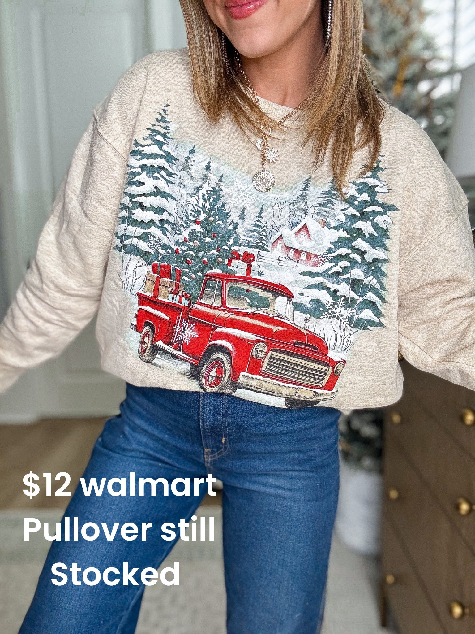 Walmart win of the season 🎄❤️ This $12 festive pullover is still fully stocked and it is SO cute for the holidays! The vintage red truck, the snowy Christmas trees, the cozy neutral background — it feels nostalgic, cheerful, and perfect for everything from cookie baking to Christmas movie nights.

It’s soft, lightweight, easy to layer, and looks adorable with jeans or leggings. Such a fun and affordable Walmart fashion find to wear all December long!

Linking it in LTK before it sells out again 🎁✨

#WalmartFashion #WalmartFinds #HolidaySweatshirt #FestivePullover #ChristmasOutfit #AffordableFashion #LTKHoliday #WalmartOutfits #WinterStyle #CozyHolidayStyle