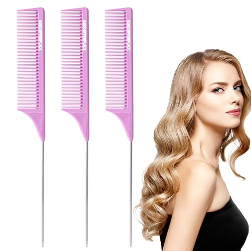 Goodofferplace 3 PCS Rat Tail Combs Parting Rattail Teasing Fine Tooth Comb with Metal Pick for Curly Hair,Detangling Parting Combs for Women,for Braiding,Styling Hair(Purple) | Amazon (US)