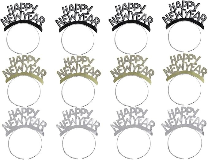 Amosfun HAPPY NEW YEAR Headband Tiara New Years Party Favors Gold Silver Black 12 Pieces | Amazon (US)