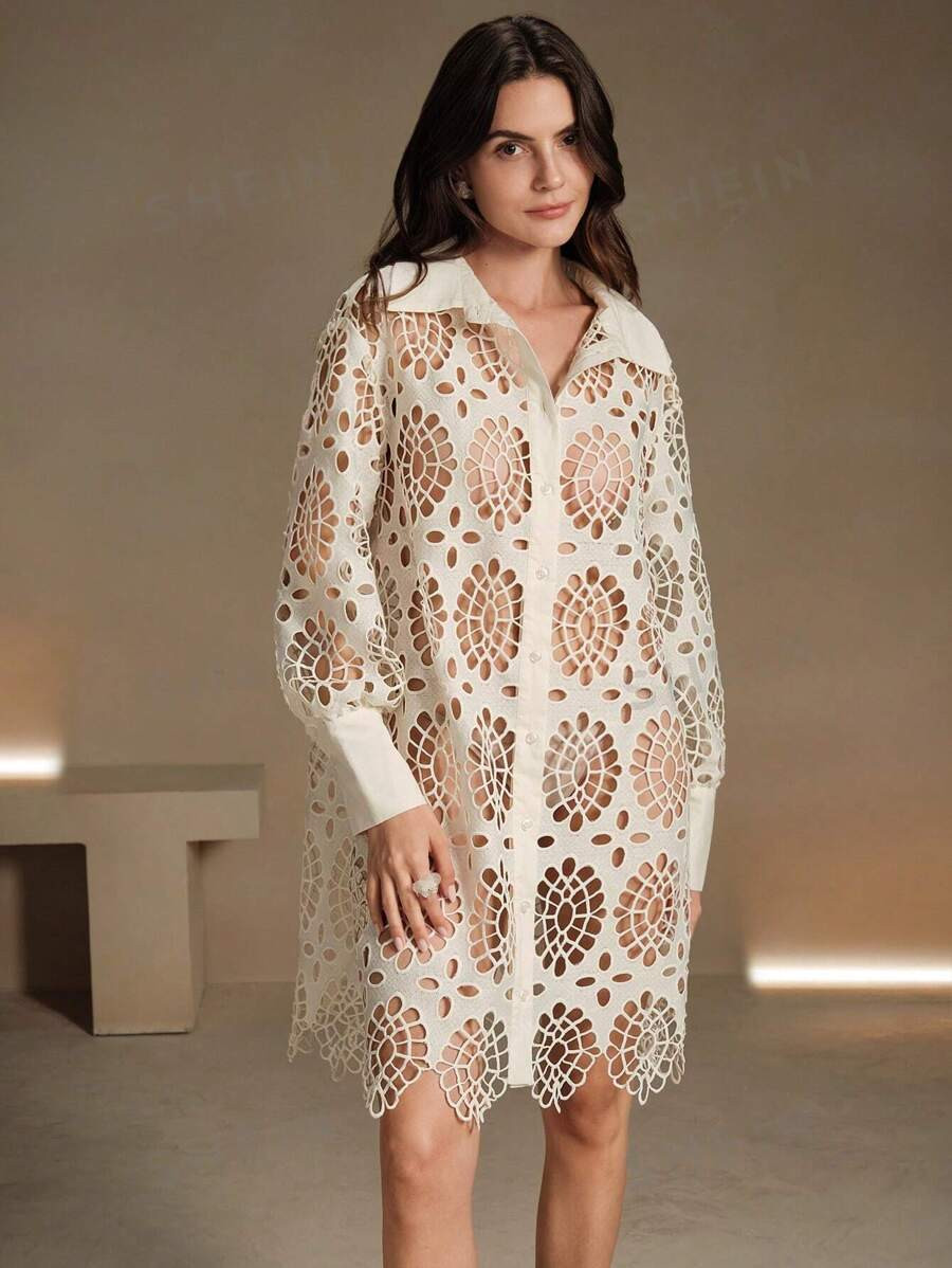 Anewsta Turndown Collar Long Sleeve Casual Vacation Shirt Dress | SHEIN