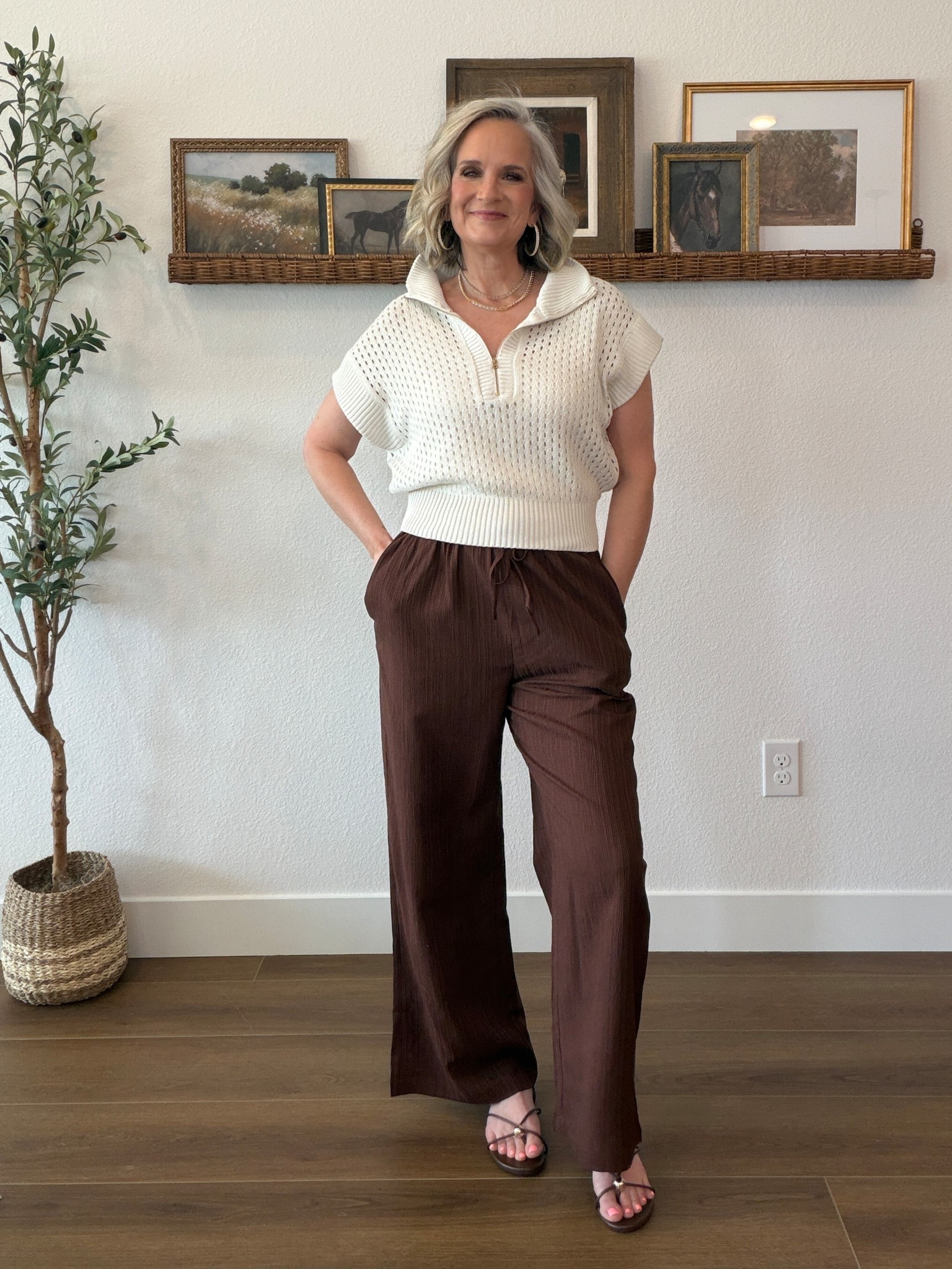 Midlife style can be both chic and affordable 
Wearing a medium in pants

Wide leg, elastic waist, doop sandals, open weave sweater, midlife style, over 50, casual chic

#LTKootd #LTKOver40 #LTKgrwm