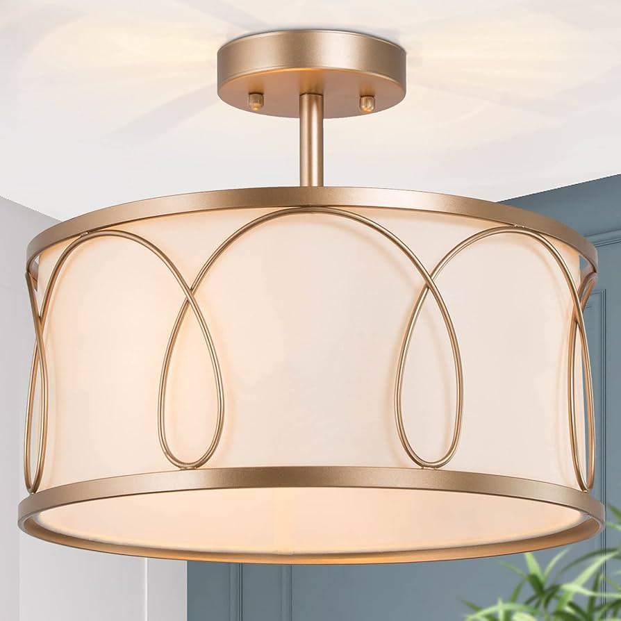 Durent Lighting Modern Gold Semi Flush Mount Ceiling Light, Fabric Drum Shade Close to Ceiling Li... | Amazon (US)