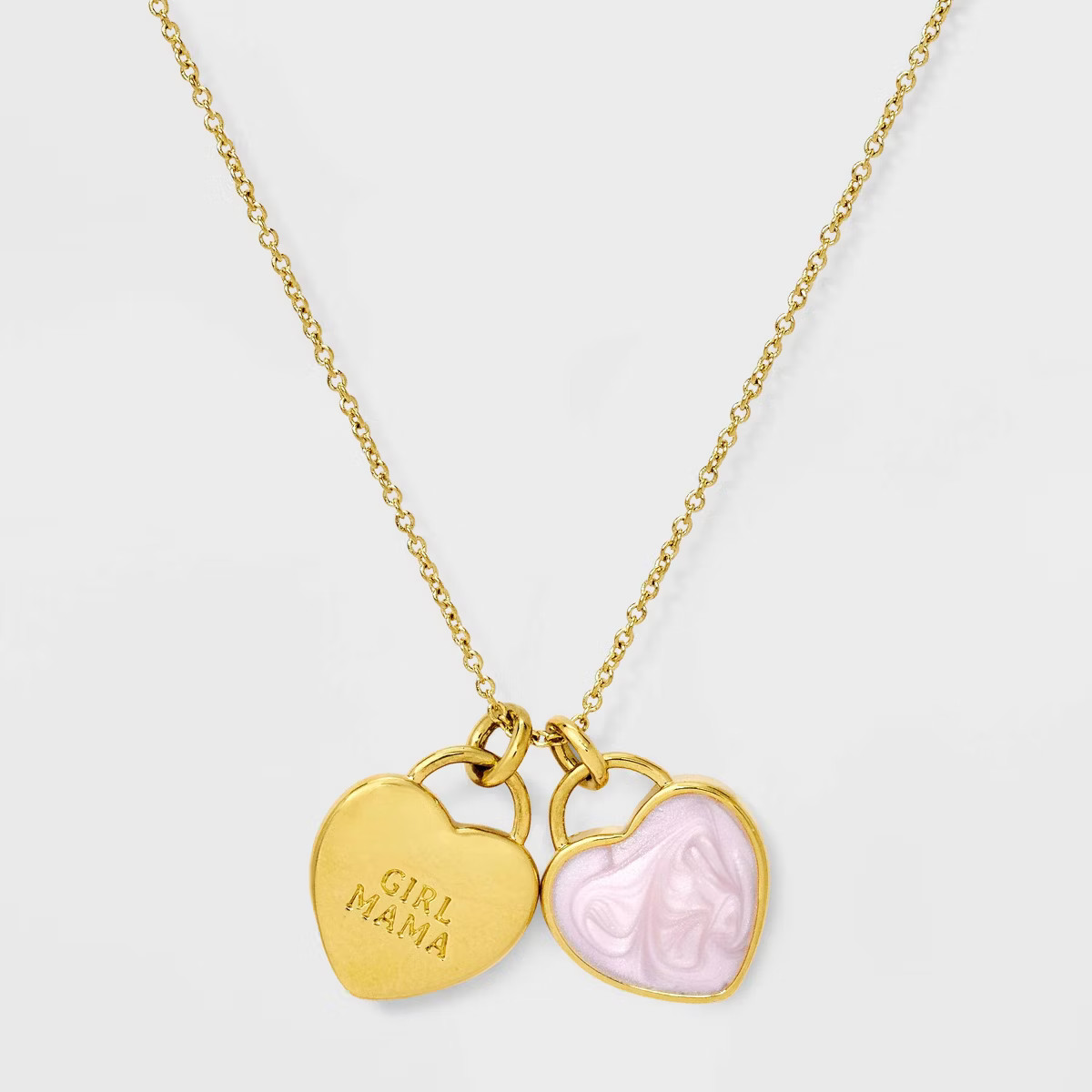 Tiny Tags 14K Gold Ion Plated "Girl Mama" Heart with Pink Swirl Enamel Double Heart Pendant Neckl... | Target