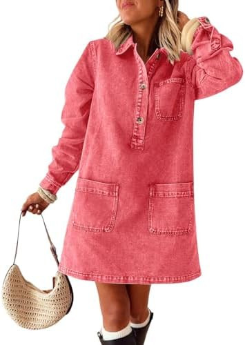 chouyatou Women's Spring Fall Long Sleeve Denim Polo Shirt Dress Button Up Jean Tunic Shift Mini ... | Amazon (US)
