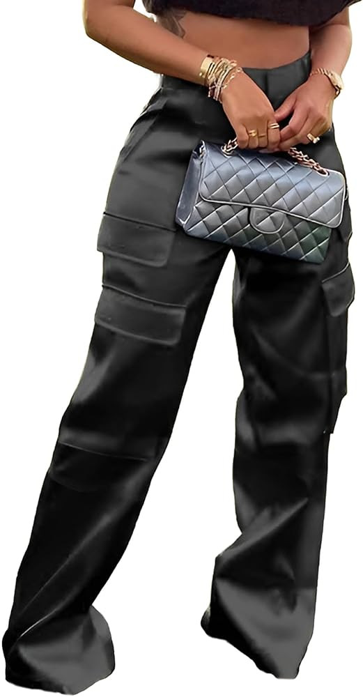 Women's Satin Cargo Wide Leg Pants Silky Dressy Relaxed Casual Pocketed Long Trouser | Amazon (US)