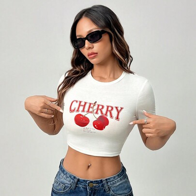 Casual Cherry Pattern Round Neck Short-Sleeved Women's Summer Slim Fit Women's T-Shirt With Cotton | SHEIN