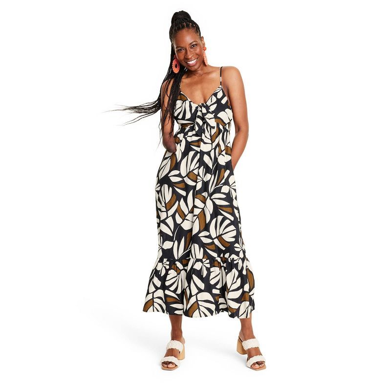Women's Neutral Botanical Print Sleeveless Tie-Front Midi Dress - Tabitha Brown for Target Black | Target