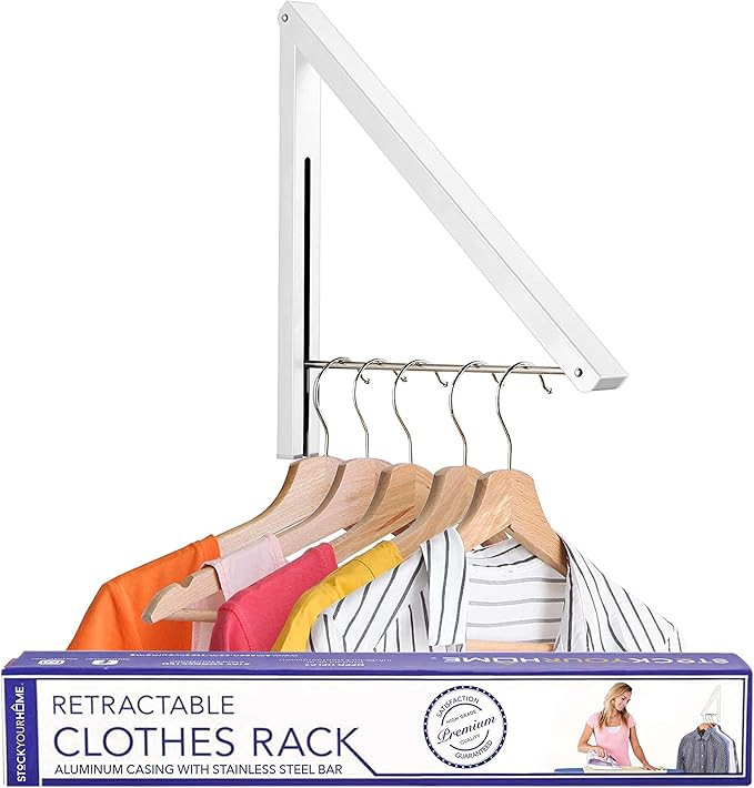 Single Foldable Clothing Rack, Wall-Mounted Retractable Clothes Hanger for Laundry Dryer Room, Ha... | Amazon (US)