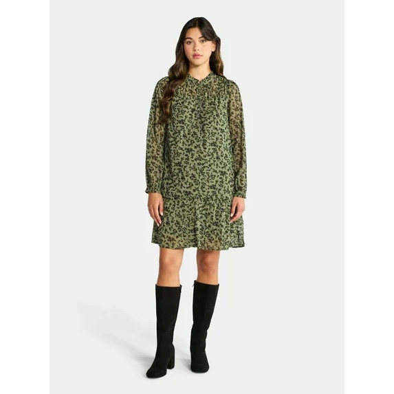 Time and Tru Women's Pintuck Yoke Dress with Long Sleeves, Sizes XS-XXXL | Walmart (US)