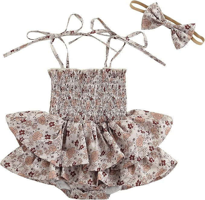 Newborn Infant Baby Girl Strap Sleeveless Romper Floral Bodysuit Jumpsuit Overalls +Headband 2Pcs... | Amazon (US)