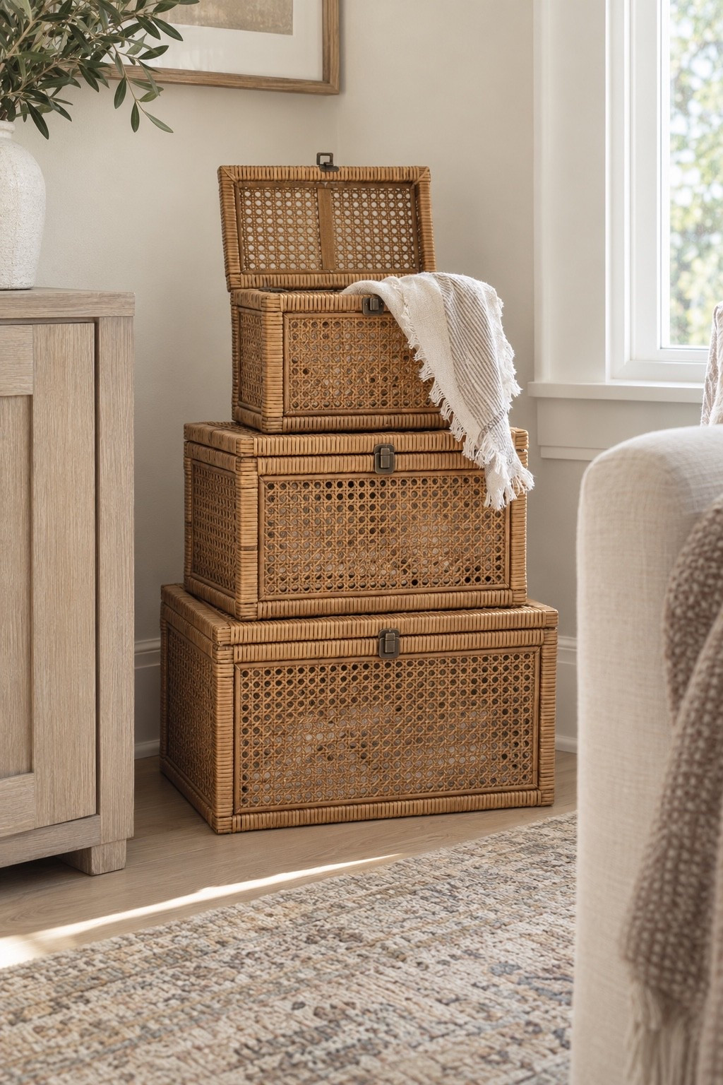 These woven storage trunks are such a pretty way to keep things organized without sacrificing style. I love the warm natural texture and how they add character while still being practical for blankets, pillows, and everyday storage. ✨#ad #wayfair #wayfairpartner @Wayfair