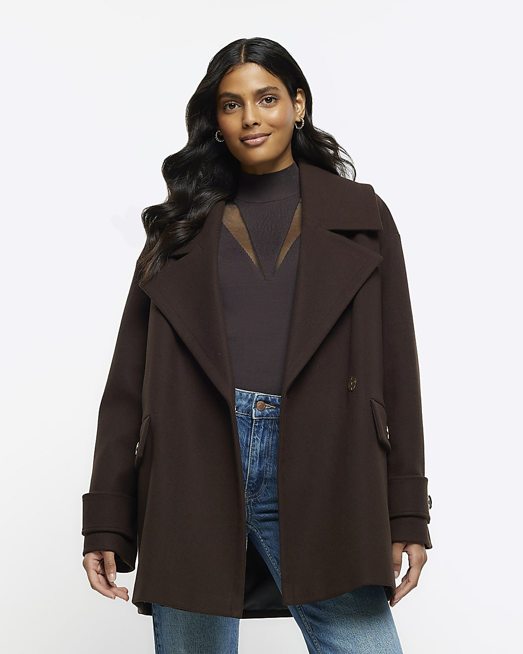 Brown double breast coat | River Island (UK & IE)