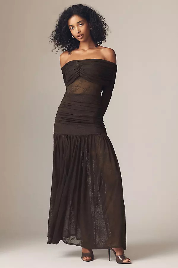 Emmeline Off-the-Shoulder Long-Sleeve Stretch Lace Maxi Dress | Anthropologie (US)