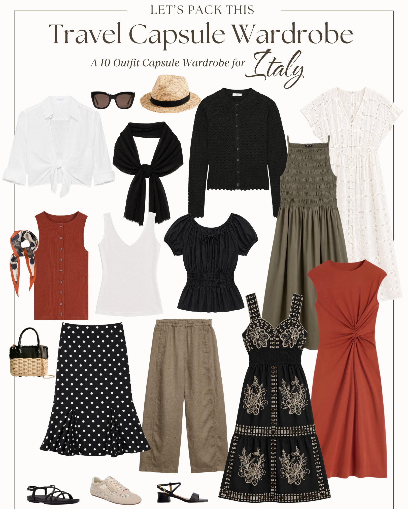 This travel capsule wardrobe was designed for Italy from spring into summer—cool mornings, warm afternoons, and hot, sun-soaked days as the season shifts.

Expect daytime highs: spring (60s–70s°F) → summer (80s–90s°F).  Evenings stay mild. 

This capsule starts with a smart layer for spring, then transitions seamlessly into easy, airy outfits for warm-weather days—perfect for sightseeing, dinners, and everything in between.

Here’s your packing list for Italy:
• 3 tops
• 2 bottoms (linen pants + skirt)
• 4 dresses
• 2 outer layers
• 3 shoes (sneaker, comfortable sandal, dressy option)
• Accessories (scarf, sun hat, sunglasses, bag)

Everything mixes and matches into 10+ outfits—and it all fits in your carry-on.

Not headed to Italy? This capsule also works for the South of France, Spain, Portugal, Greece, and coastal California.

#LTKOver40 #LTKTravel