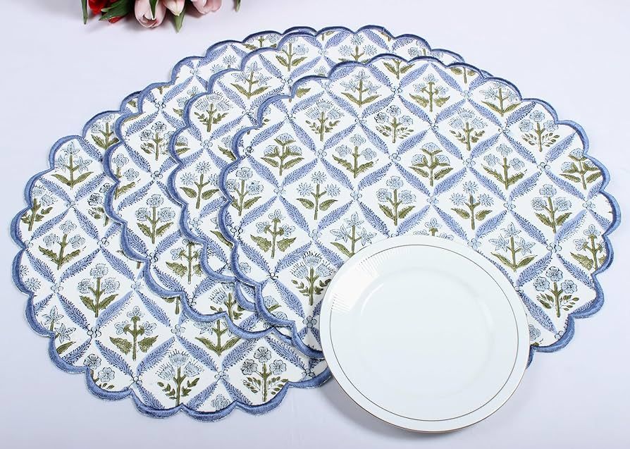 Ridhi Bo-ho Round Place Mat Double Layer Floral Cotton Washable Placemats 15" Round Embroidery Bl... | Amazon (US)