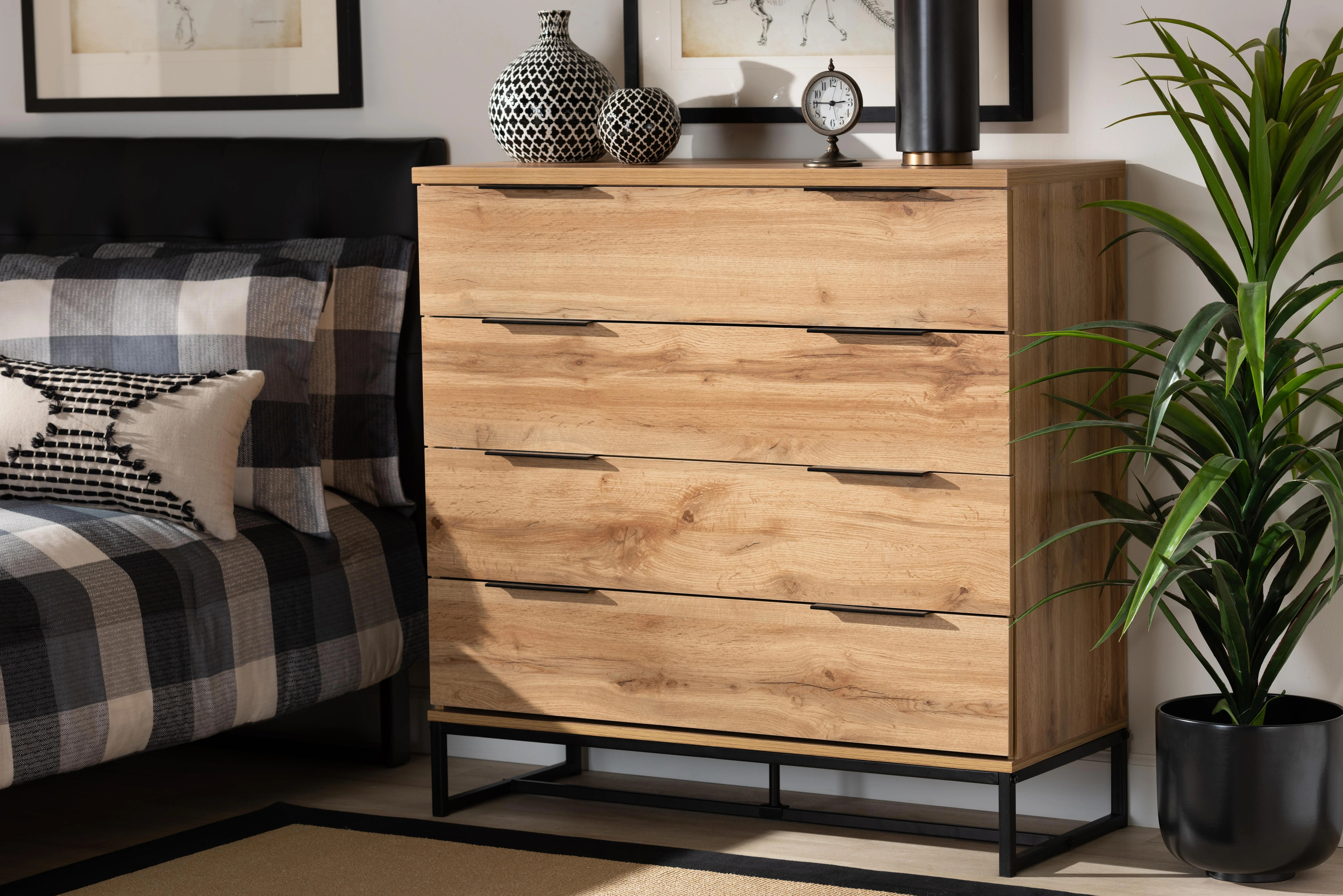 Baxton Studio Reid Modern and Contemporary Industrial Oak Finished Wood and Black Metal 4-Drawer ... | Walmart (US)