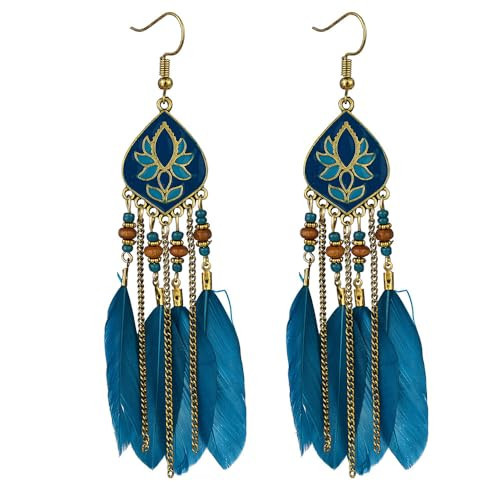 Boho Long Tassel Feather Earrings Bohemian Vintage Flower Ethnic Drop Dangle Earrings with Multi Beads and Feathers for Women-Dark Blue 2 | Amazon (US)