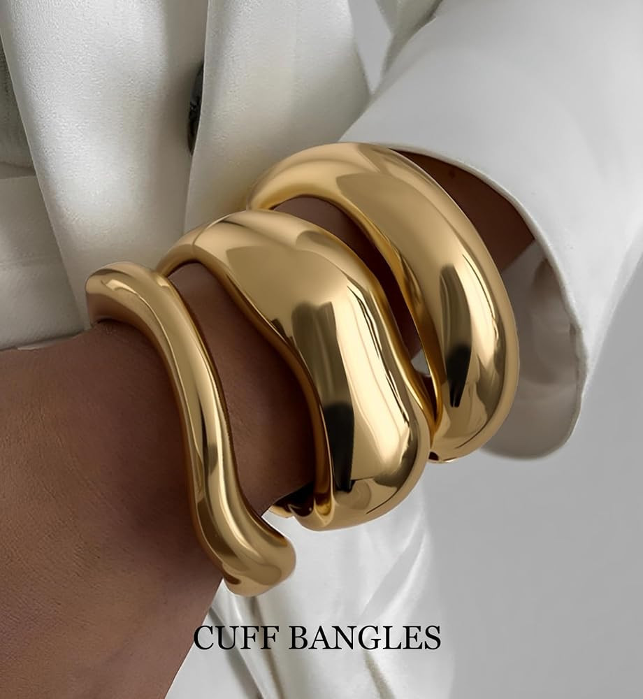 Chunky Gold Bangle Bracelets for Women, 14k Gold Plated Dainty Cuff Stackable Bangles Set, Trendy... | Amazon (US)